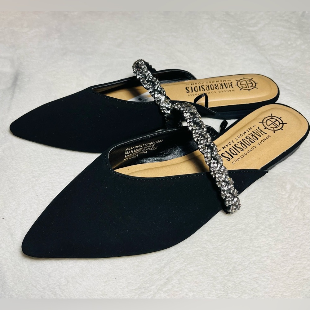 Harborsides Black Women’s Suede Mules with Rhinestone Strap Sz 6.5‎ - Picture 2 of 5